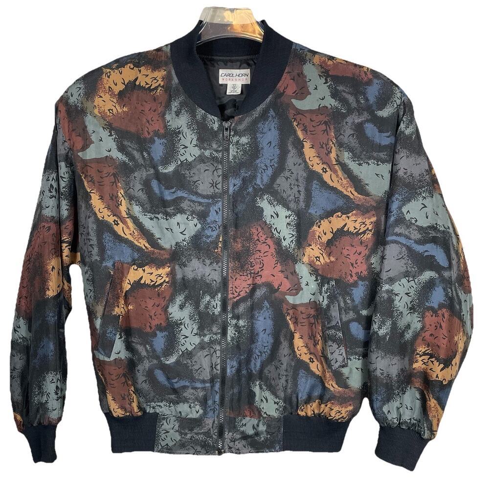 Vintage Carol Horn Workshop 100% Silk Bomber Jacket Womens M Blue Brown Abstract